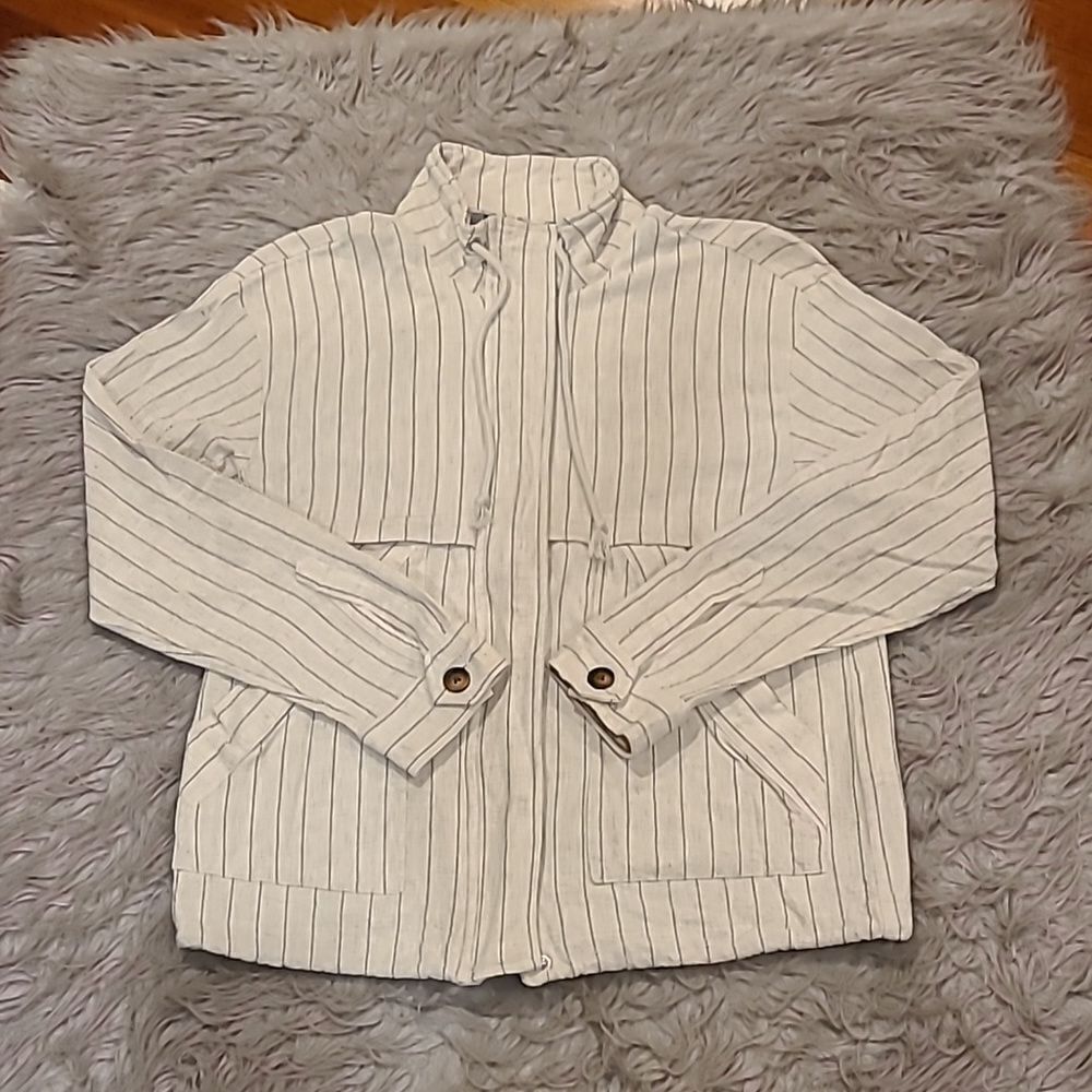Tribal womens cream and baby blue pinstriped linen blend‎ zip up jacket